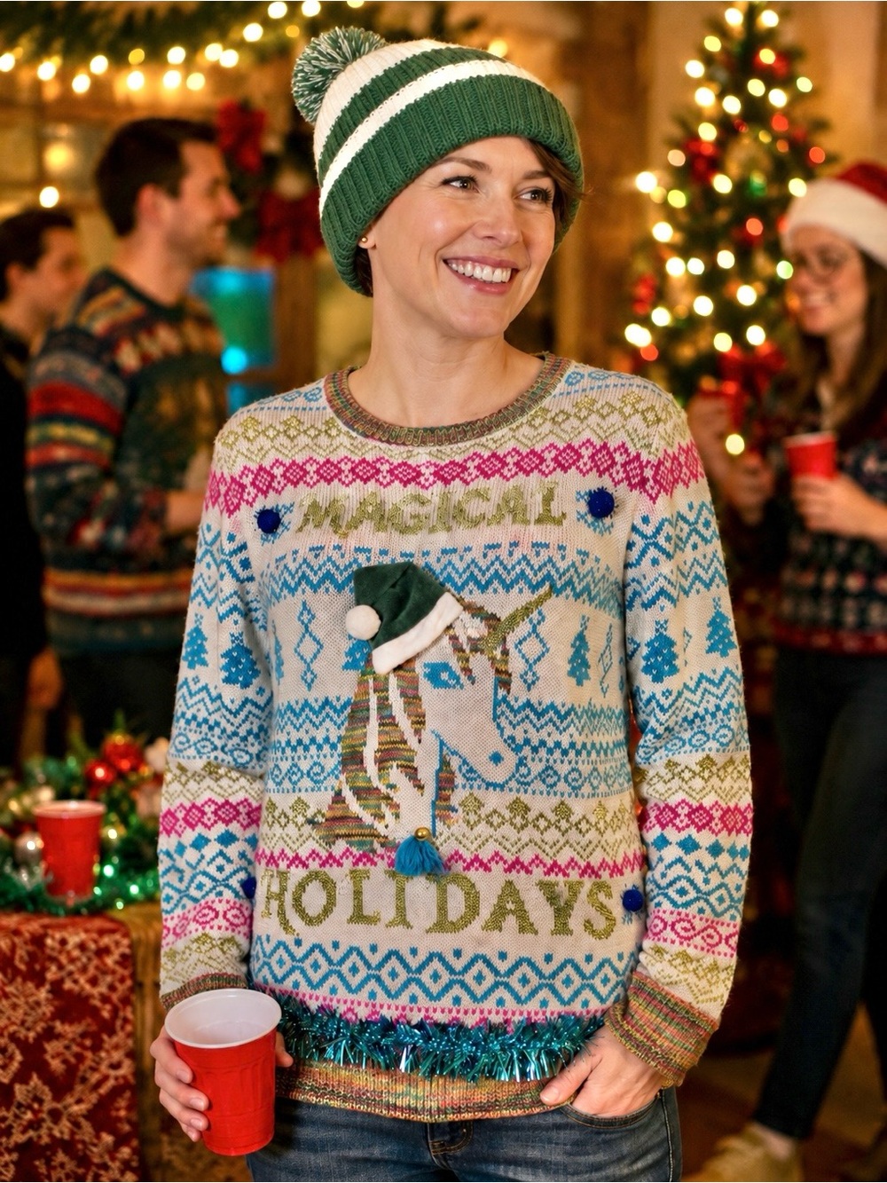 Multicolor Ugly Christmas Sweater Magical Holidays Women’s Sz S Classic Unicorn